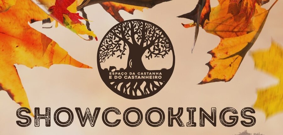 Cartaz com folhas de outono e texto sobre showcookings de outono.