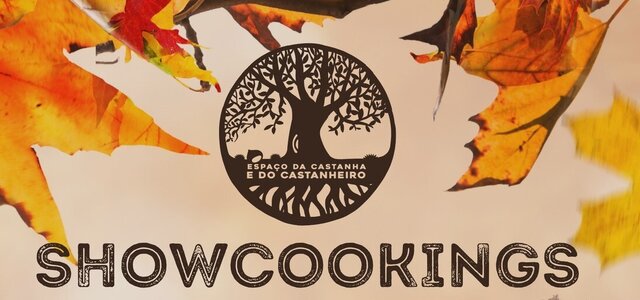 Cartaz com folhas de outono e texto sobre showcookings de outono.